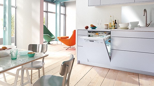 contemporary bright blue and orange kitchen