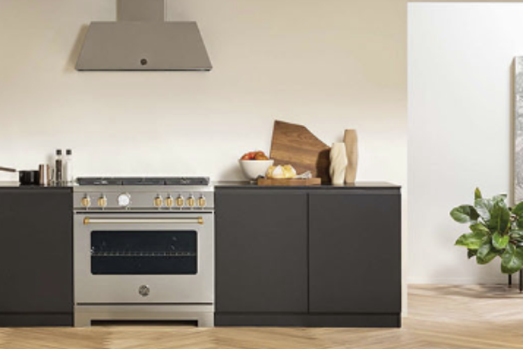 Stainless steel freestanding range with brass knobs under a matching hood in a modern kitchen with charcoal cabinets