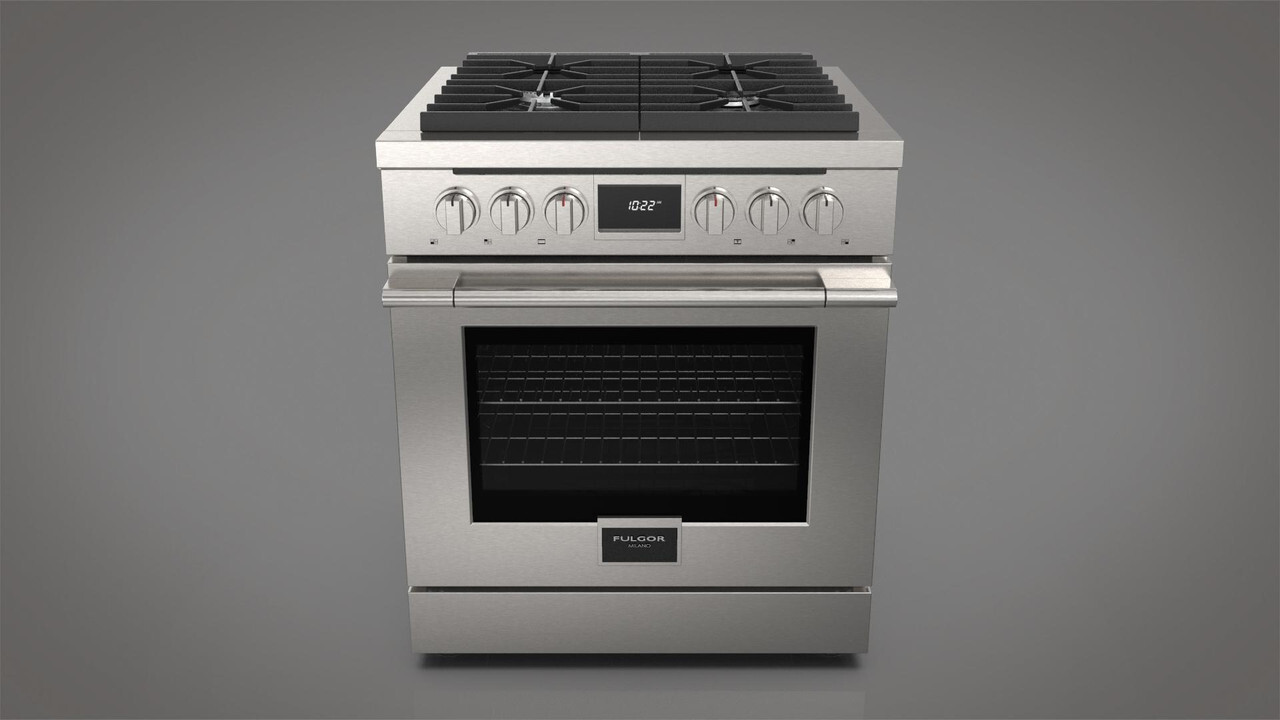 Fulgor Milano professional gas range with stainless steel finish and precision control knobs.