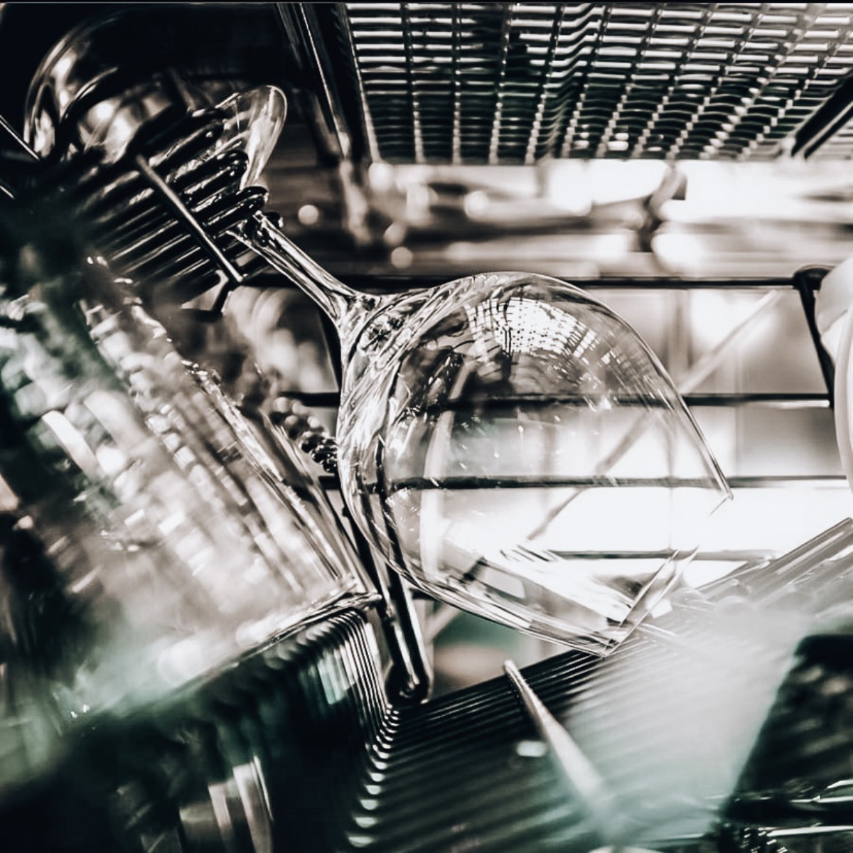  A close-up black and white photograph of stemmed wine glasses loaded upside down in the upper rack of a dishwasher, with additional glassware and cutlery visible in the background.